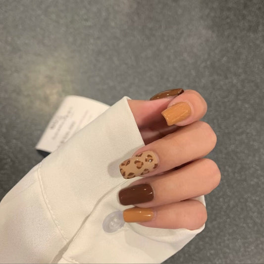 Safari Chic Extra-Long Square Press On Nails in Earth Tone Ombr≈Ω with Leopard Print Accents
