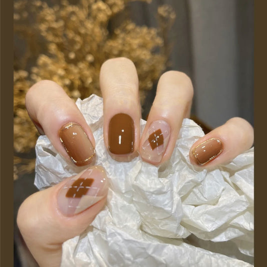 Autumn Elegance Medium Length Square Brown Press On Nail Set with Gold Accent Trim