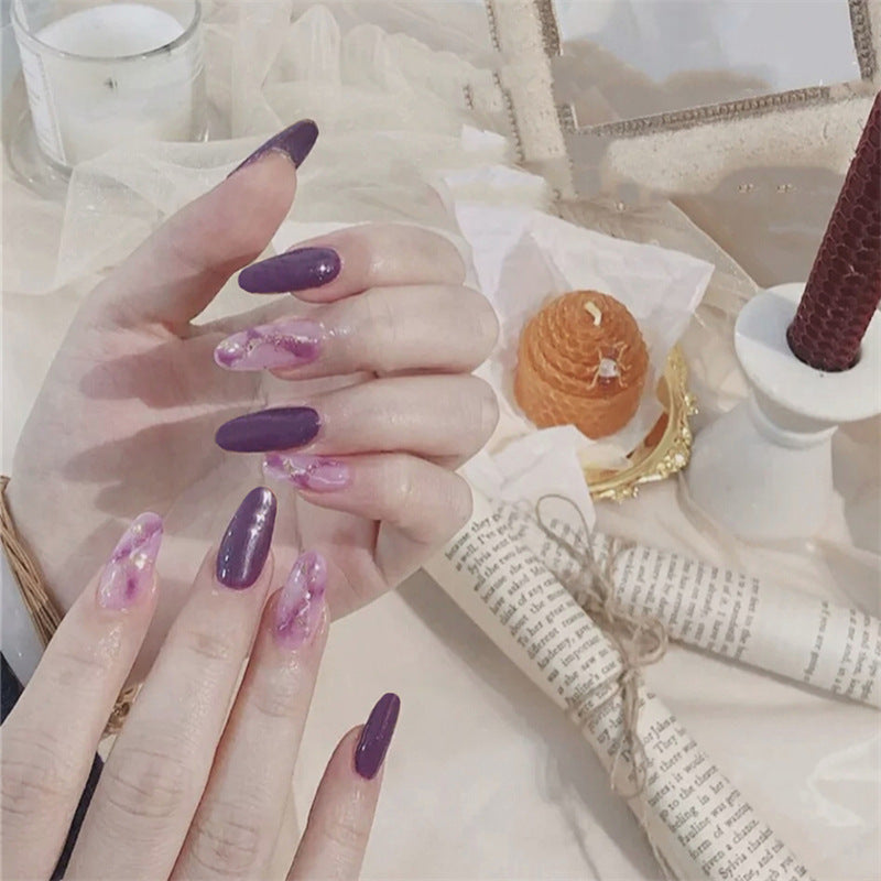 Enchanted Evening Long Almond Purple Press On Nails with Marble Accents