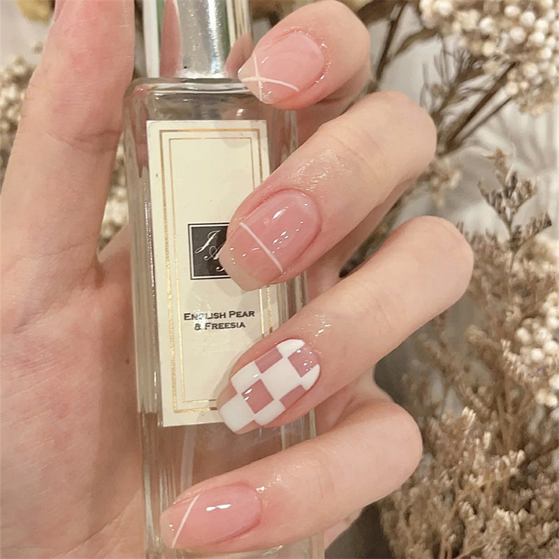Chic Elegance Medium-Length Square Pink Press On Nail Set with Plaid Accent Design