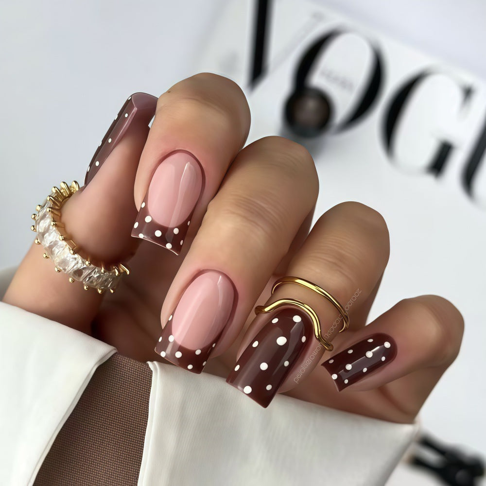 Chic Espresso Elegance Medium Square Brown with White Polka Dots Stunning Design Press-On Nail Set