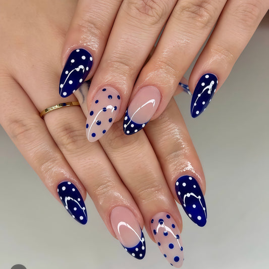Nautical Charm Press On Nail Set Medium Almond Shape Deep Blue with Whimsical Polka Dots and Elegant Swirls