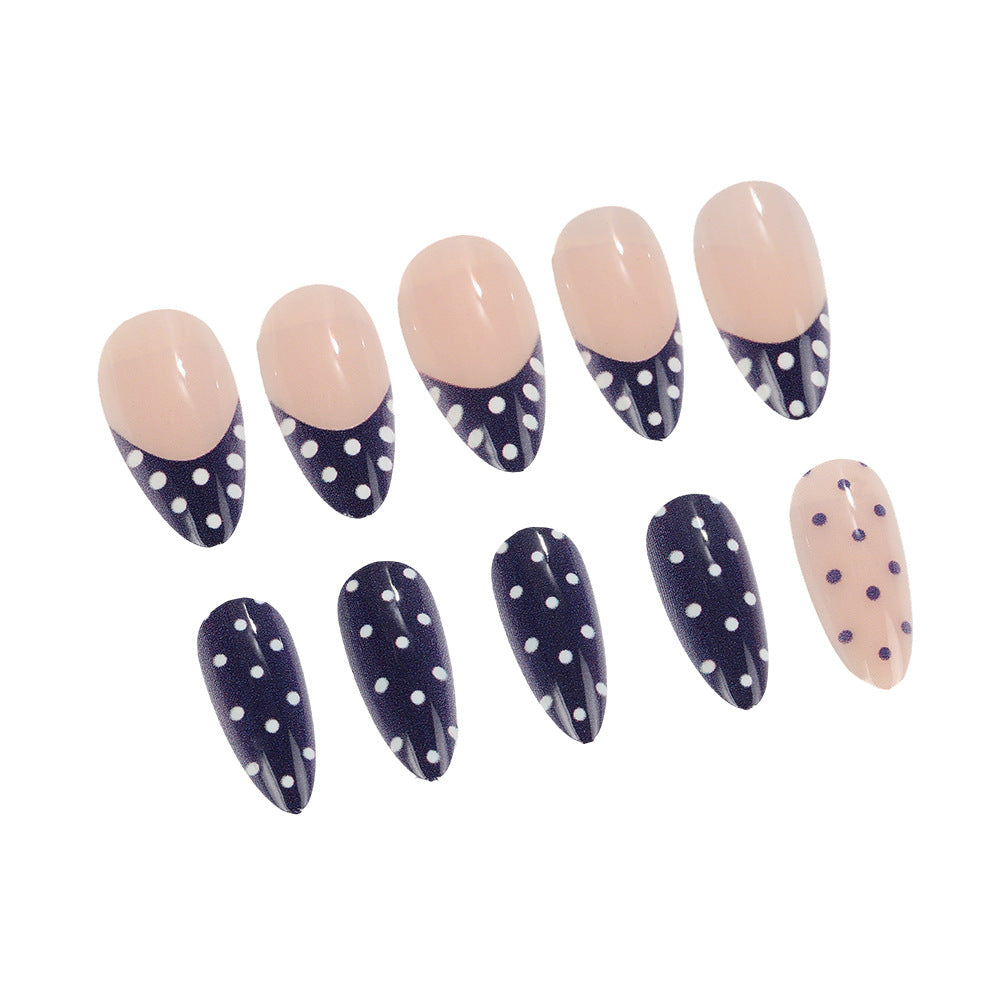 Chic Starry Night Medium Almond Shape Deep Blue with White Polka Dots Press on Nail Set