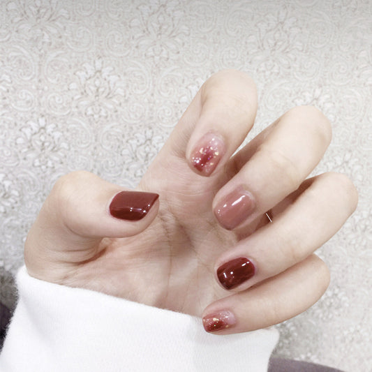 Autumn Elegance Short Length Square Burgundy and Beige Glitter Accent Press On Nail Set