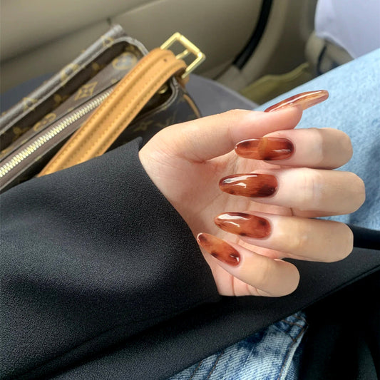 Autumn Elegance Long Almond Brown Marble Press On Nail Set with Gloss Finish
