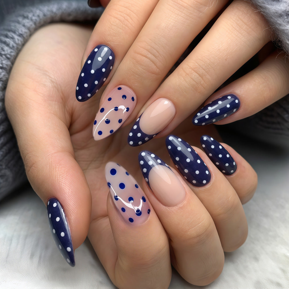 Nautical Elegance Medium Almond Shape Deep Blue with White Polka Dots Press on Nail Set