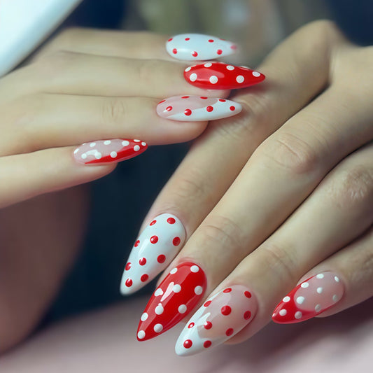 Vintage Charm Long Elegant Red and White Polka Dot Almond Press On Nail Set
