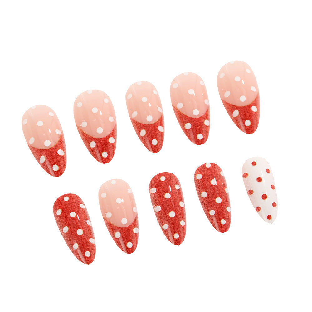 Whimsical Strawberry Dream Long Almond Red and Pink Polka Dot Press On Nail Set
