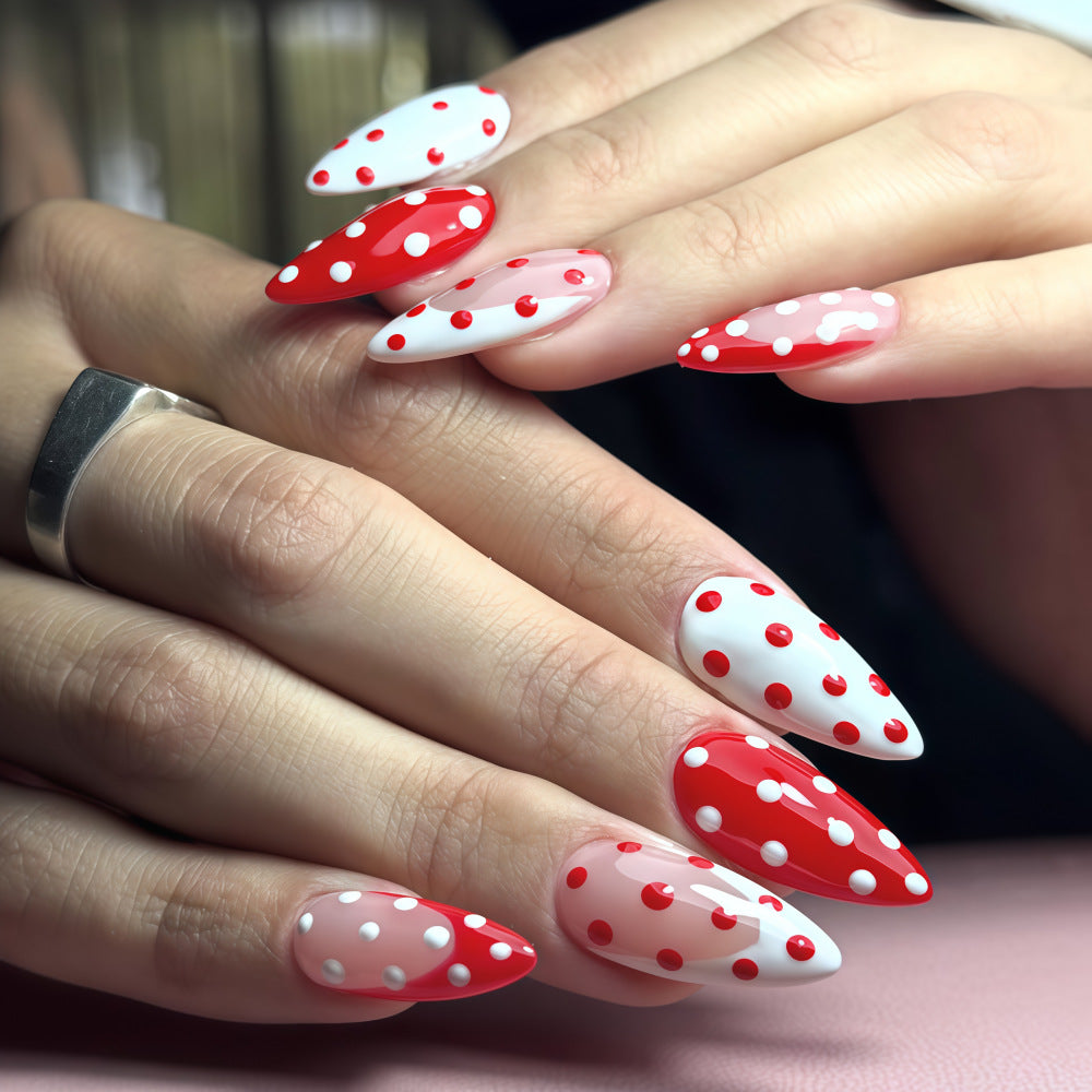 Charming Dotted Long Almond Shaped Red and White Nails with Playful Polka Dot Design