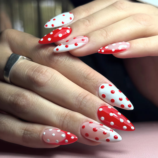 Charming Dotted Long Almond Shaped Red and White Nails with Playful Polka Dot Design