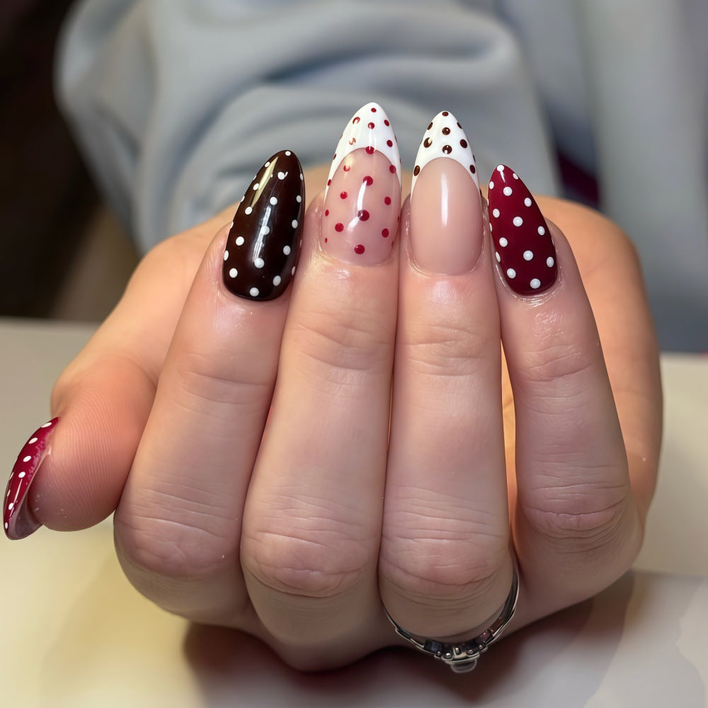 Dessert Delight Long Almond Shaped Burgundy Brown and White Polka Dot Press On Nail Set with Glossy Finish