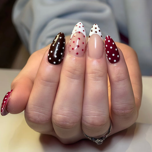 Dessert Delight Long Almond Shaped Burgundy Brown and White Polka Dot Press On Nail Set with Glossy Finish