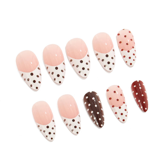 Chic Polka Dot Glam Press On Nail Set - Long Almond Shape Pink and Brown with Playful Dots
