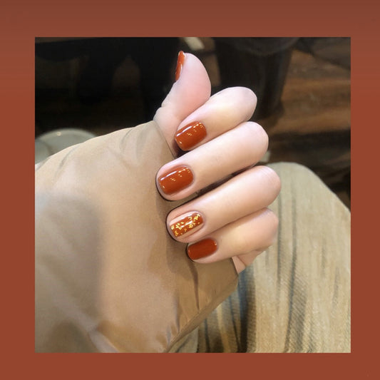 Autumn Elegance Medium Length Square Shaped Burnt Orange Press On Nails with Gold Foil Accents