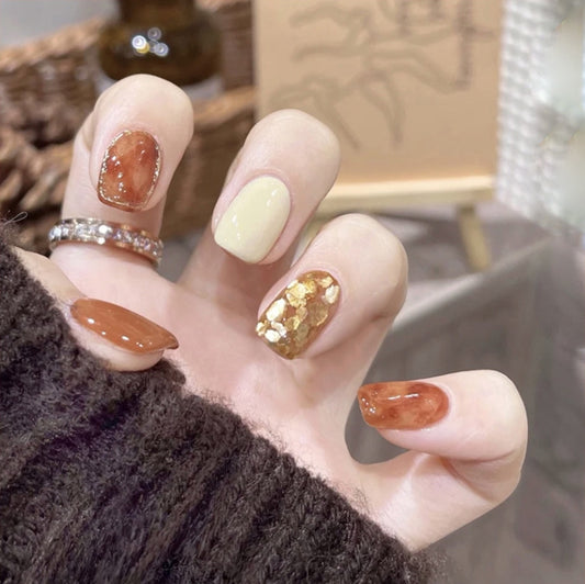 Autumn Elegance Medium Square Press On Nail Set in Earth Tones with Foil Accent