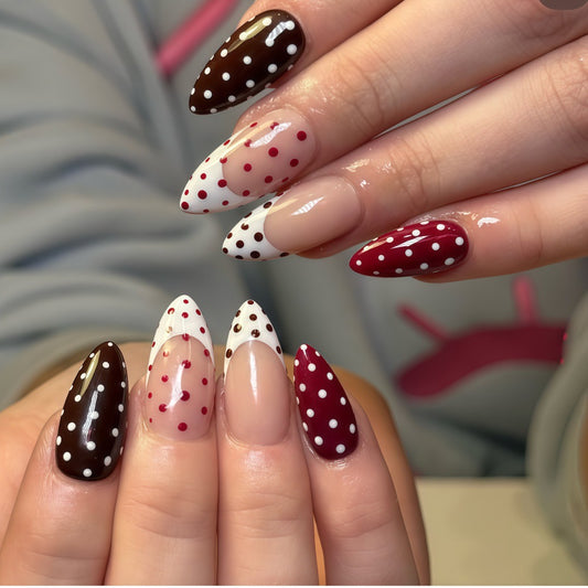 Chic Cafe Inspired Long Almond Burgundy and Brown Press On Nail Set with Playful Polka Dots