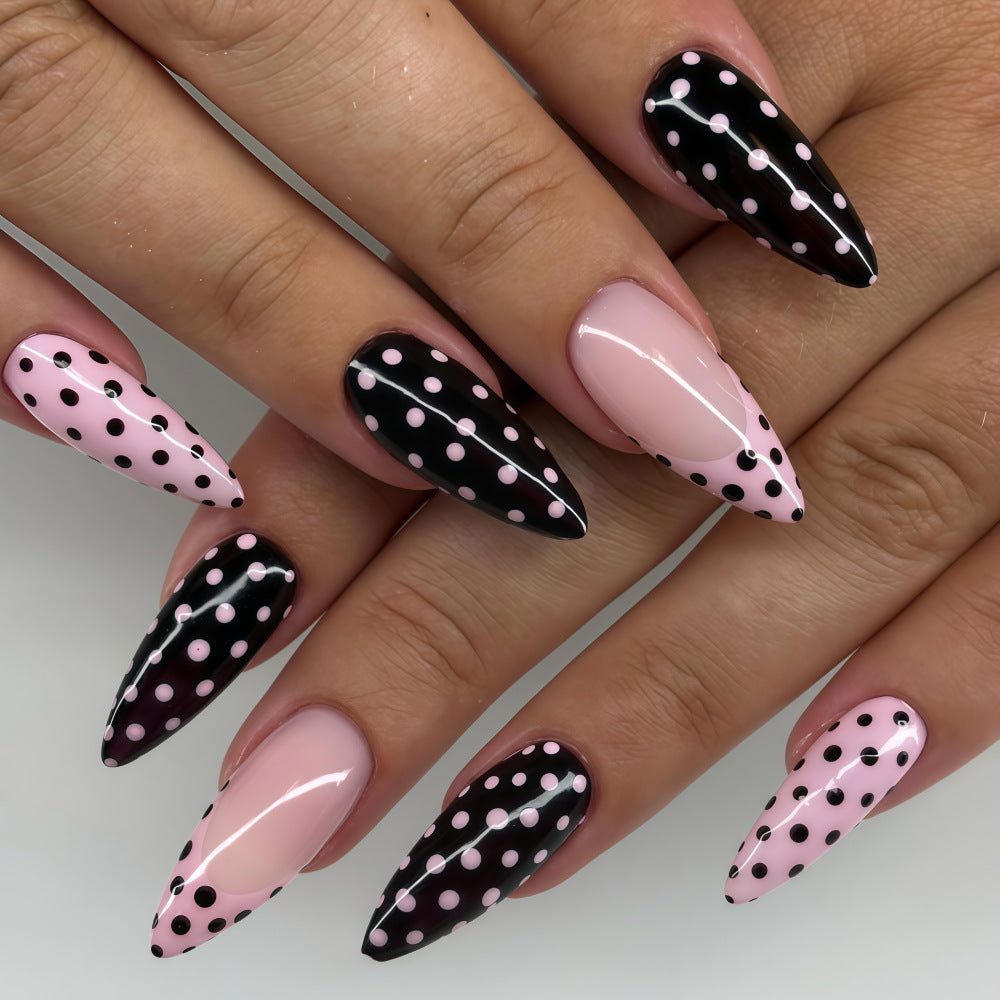 Whimsical Charm Long Almond Pink and Black Press On Nail Set with Polka Dot Design