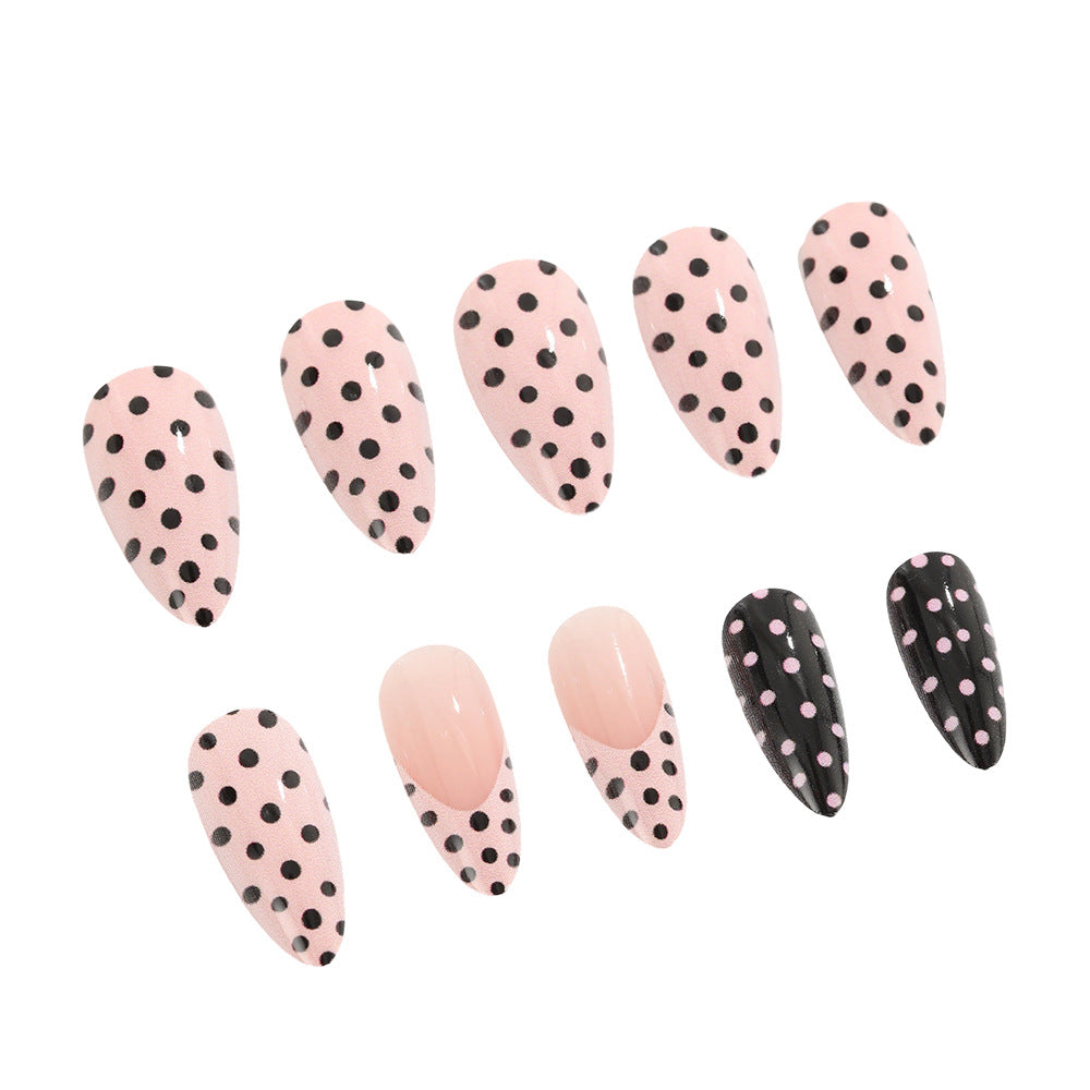 Chic Polka Dot Dream Long Almond Pink and Black Design with Unique Dotted Patterns Press On Nail Set