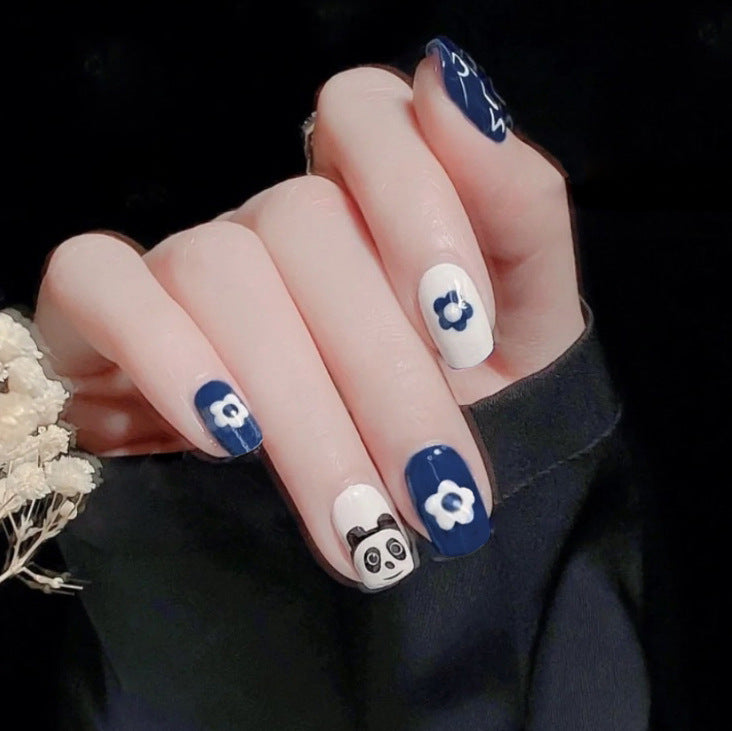 Enchanting Blossom Garden Short Square Press On Nails with White and Navy Blue Floral Panda Design