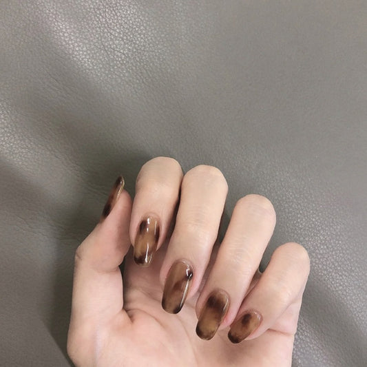 Autumn Elegance Medium Squoval Brown Marble Swirl Press On Nail Set for Stylish Manicure