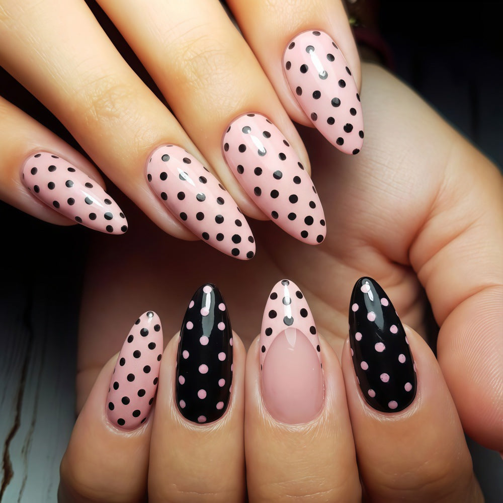 Polka Dot Wonderland Long Almond Shape Pink and Black with Glossy Finish Press On Nail Set