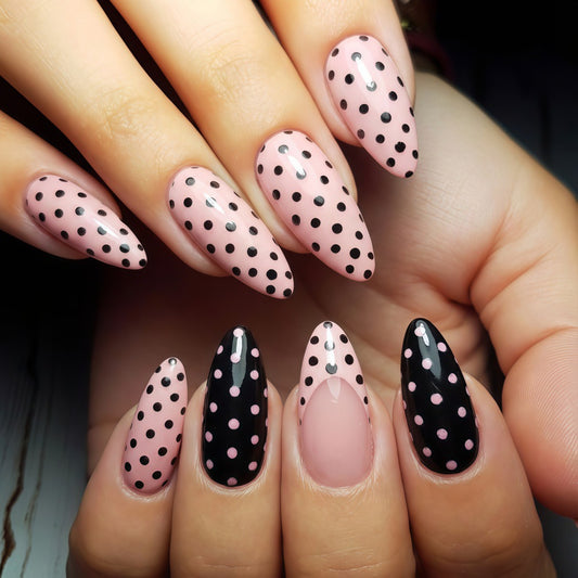 Polka Dot Wonderland Long Almond Shape Pink and Black with Glossy Finish Press On Nail Set