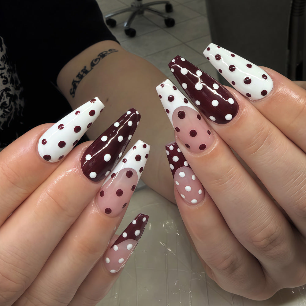 Chic Polka Dot Long Coffin Nails in Burgundy and White with Glossy Finish