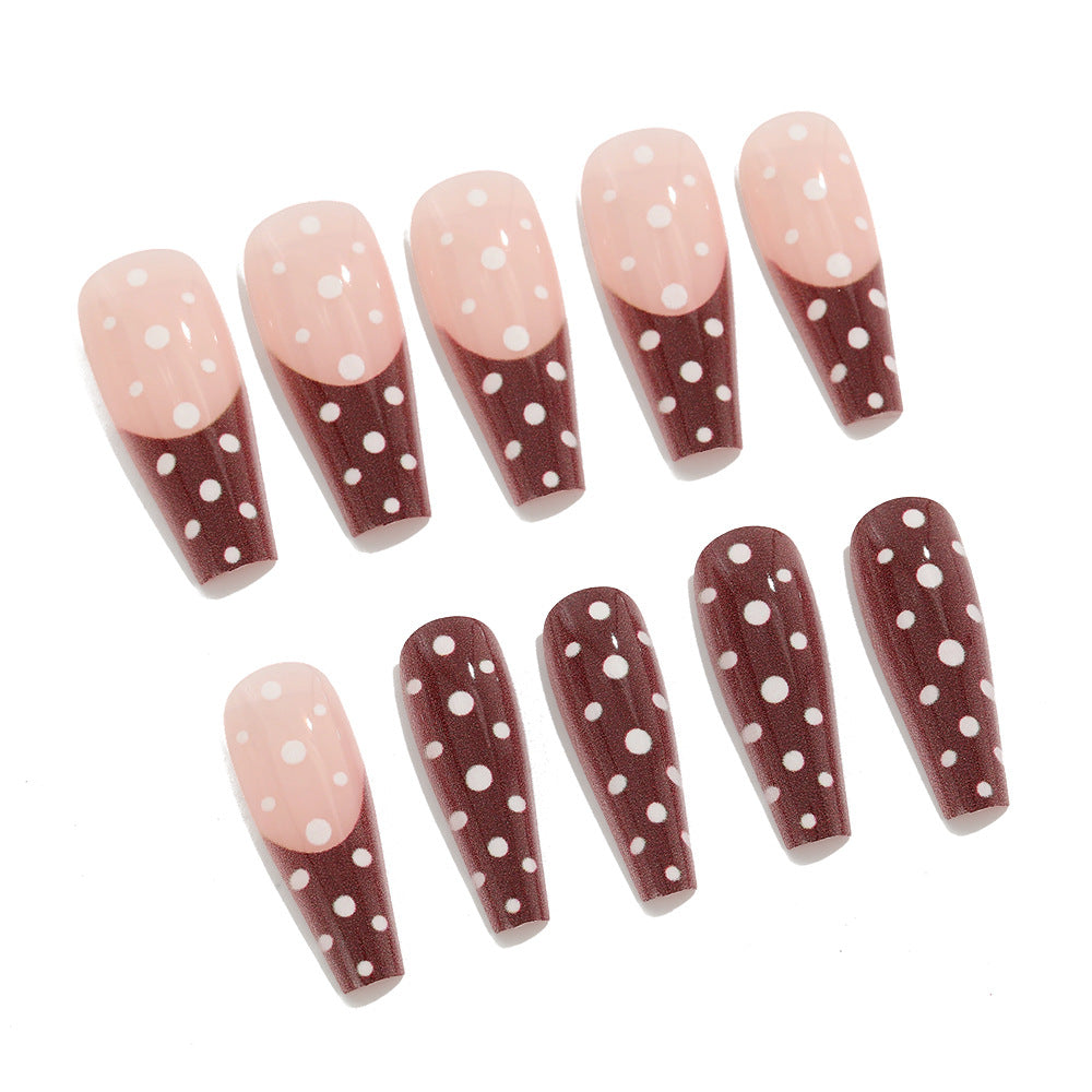 Whimsical Dots Long Coffin Pink and Brown Press on Nail Set with Playful Polka Dots