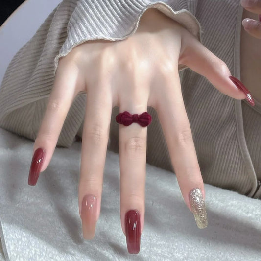 Elegant Evening Long Coffin Burgundy and Beige Ombre Press On Nails with Glitter Accent