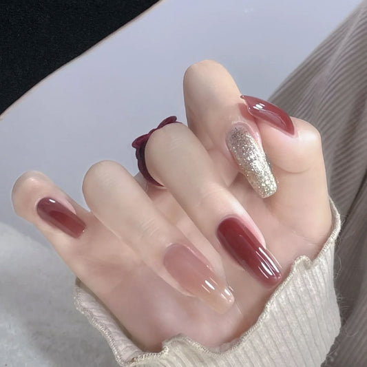 Elegant Soiree Long Coffin Burgundy Press On Nails with Glitter Accent