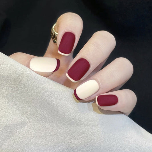 Elegant Evening Matte Medium-Length Squoval Burgundy and Beige Press On Nail Set with Dual-Tone Design