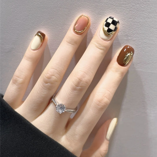 Autumn Elegance Short Squoval Multi-Colored Press On Nail Set with Checkered Accent Design