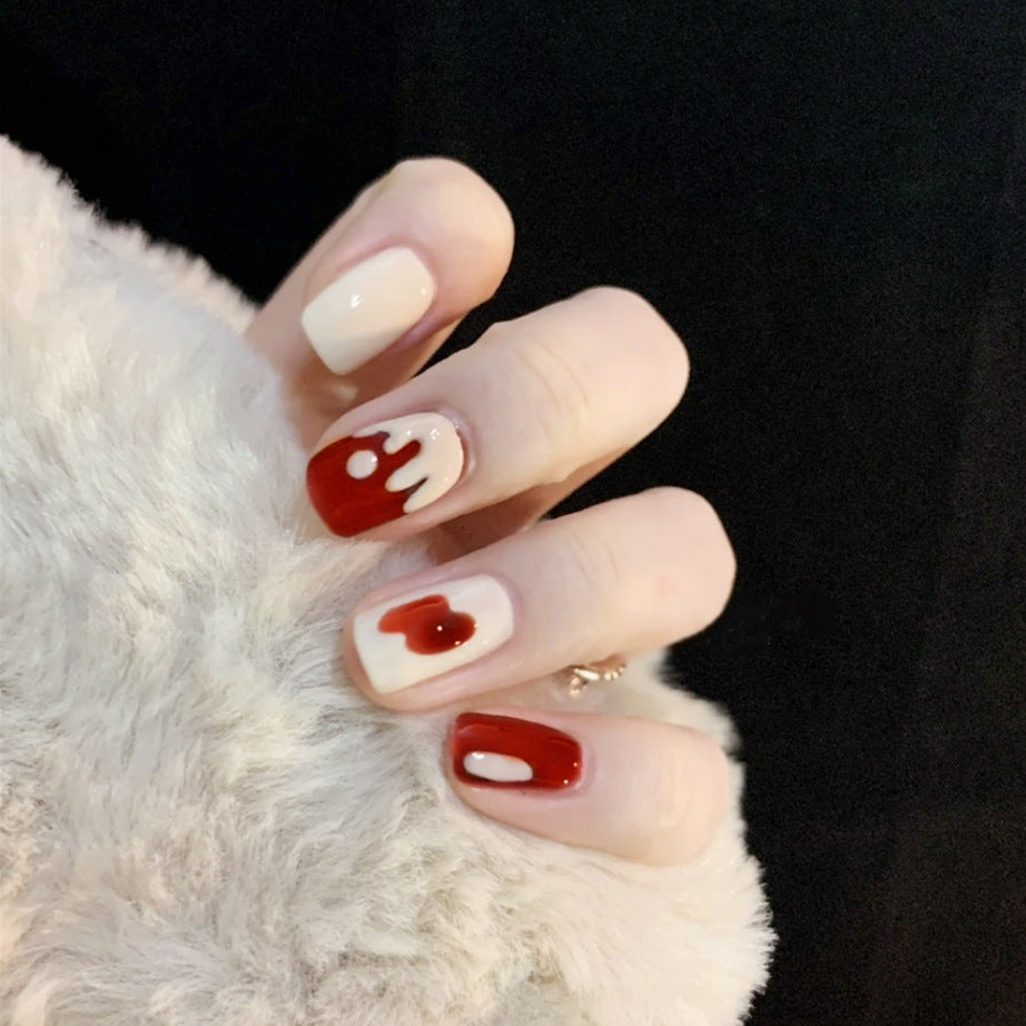 Gothic Romance Short Square Burgundy and Beige Press On Nails with Blood Drip Design