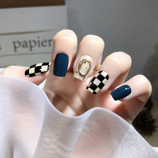 Racing Spirit Short Square-Shaped Navy and Beige Press On Nails with Checkered and Gold Sparkle Accents