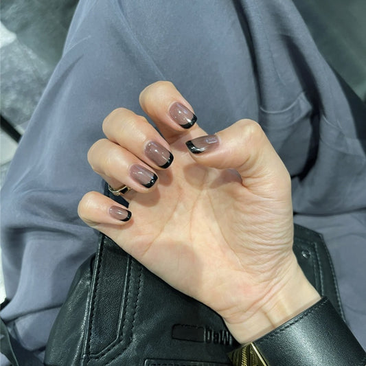Urban Chic Short-Length Squoval Press On Nail Set in Black and Beige with Glossy French Tips