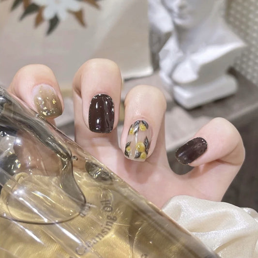 Autumn Elegance Medium-Length Square Press On Nail Set in Brown and Beige with Gold Foil Accents