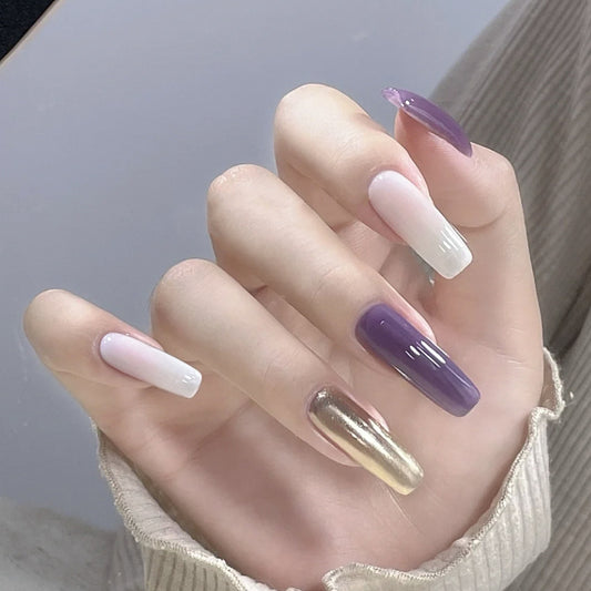 Lavender Dream Long Coffin Gradient Purple White Press On Nail Set with Metallic Accent