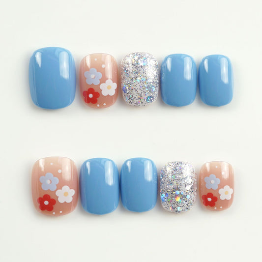 Spring Bloom Glossy Short Square Blue and Beige Floral Glitter Press On Nail Set