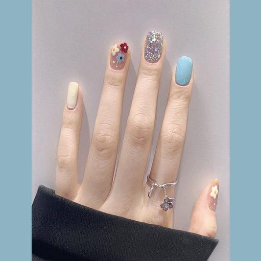 Whimsical Floral Dream Short Square Mint Green Pastel with Glittering Floral Accents Press On Nail Set