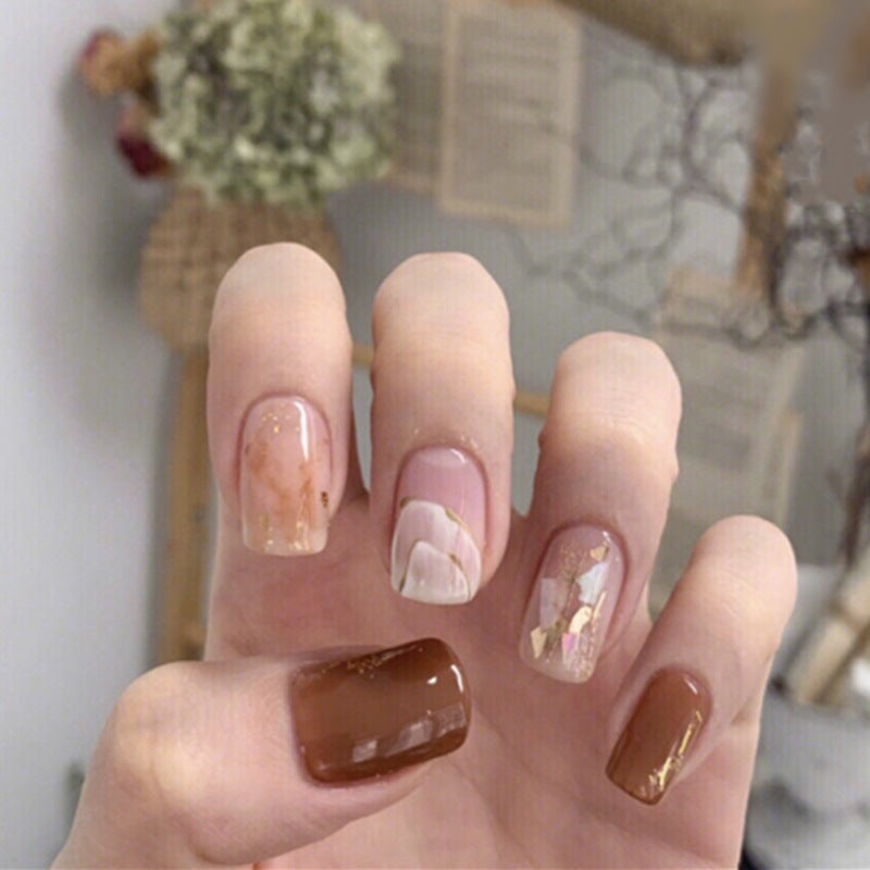 Autumn Elegance Medium Square Brown and Beige Press On Nail Set with Gold Foil Accent