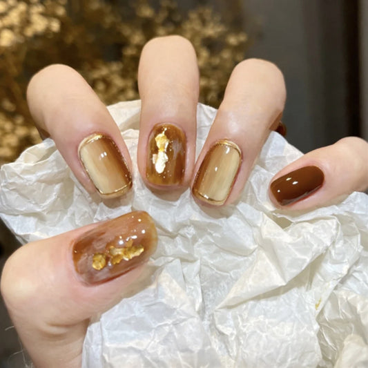 Chic Autumn Elegance Medium Square Brown Press On Nails with Gold Flake Accents