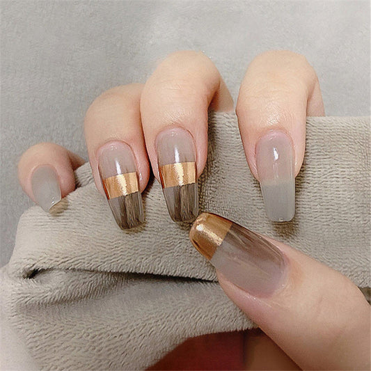 Elegant Affair Long Coffin Beige and Metallic Gold Ombre Press On Nail Set with Shimmer Finish