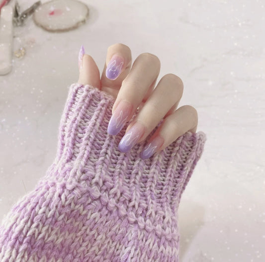 Lavender Dreams Long Almond-Shaped Pastel Purple Press on Nails with Hand-Painted Heart Accents
