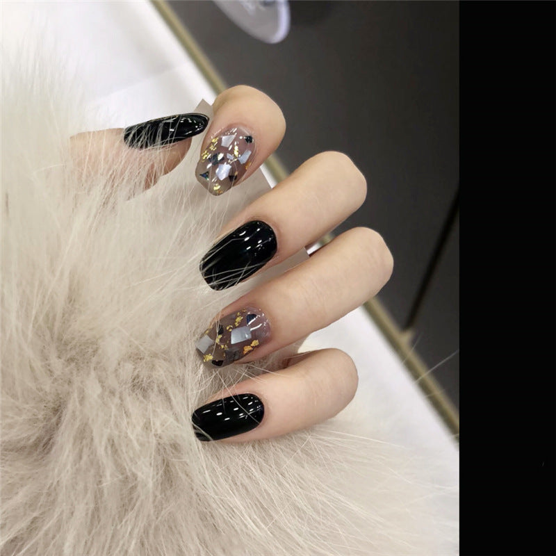 Glamorous Evening Medium Coffin Black Press On Nails with Gold Flake Accents