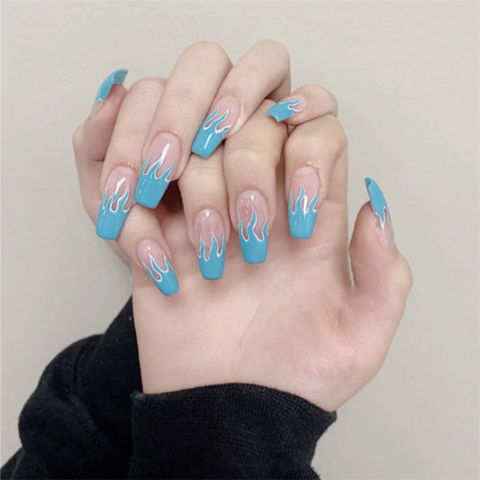 Ocean Elegance Long Coffin Blue Press on Nails with Flame Art Accents