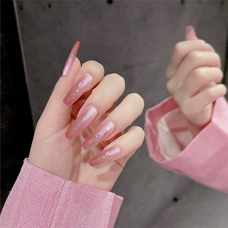 Elegant Sparkle: Long Coffin Pink Press On Nail Set with Glitter Accents