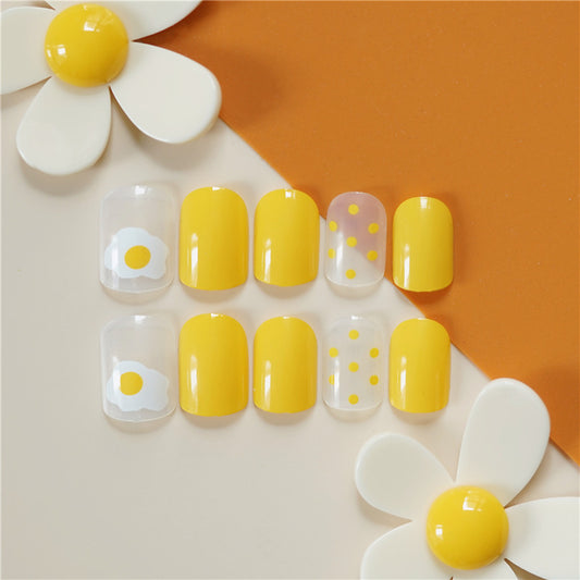 Sunny Side Up Breakfast Themed Medium Length Squoval Yellow Press On Nails with Egg Accents