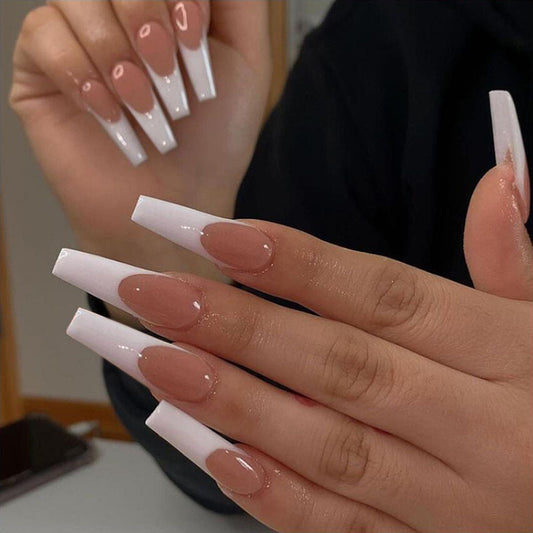 Elegant French Manicure Long Coffin Pink and White Ombre Press On Nail Set with Glossy Finish