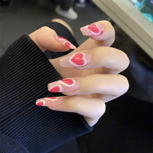 Romantic Affair Long Coffin Pink Heart Swirl Design Press On Nail Set