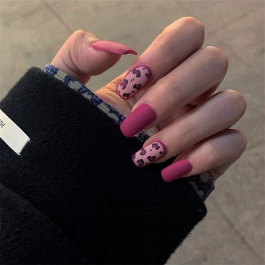 Safari Chic Medium Square Matte Pink Press On Nail Set with Black Leopard Print Accents